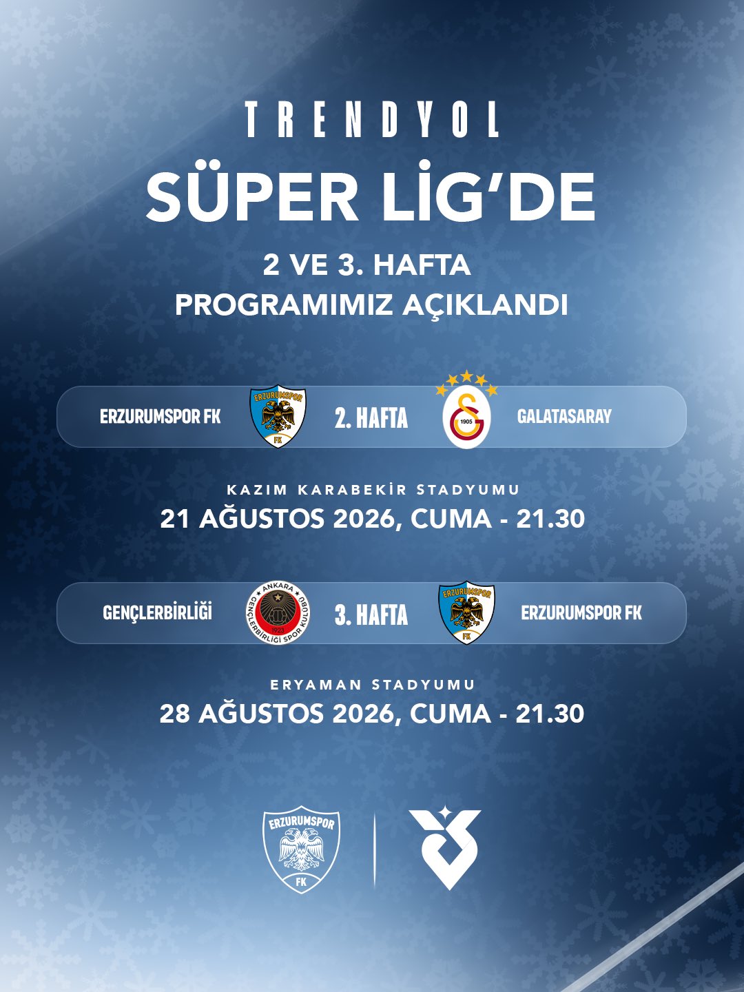 Erzurumspor’un Süper Lig’de 2 ve 3. hafta programı belli oldu