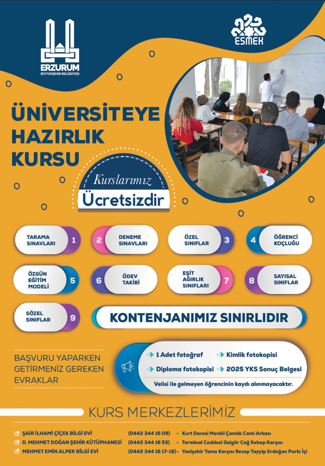Erzurum Büyükşehir'den ücretsiz üniversite hazırlık kursu