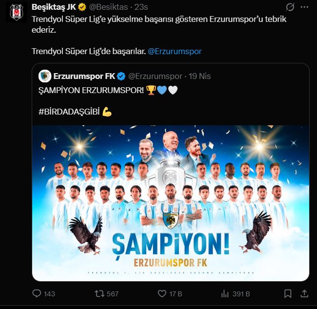 Beşiktaş'tan Erzurumspor'a Süper Lig selamı!